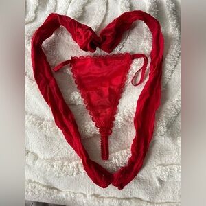 Red Lace Women's Intimate Set; string thong panties and knee high stockings